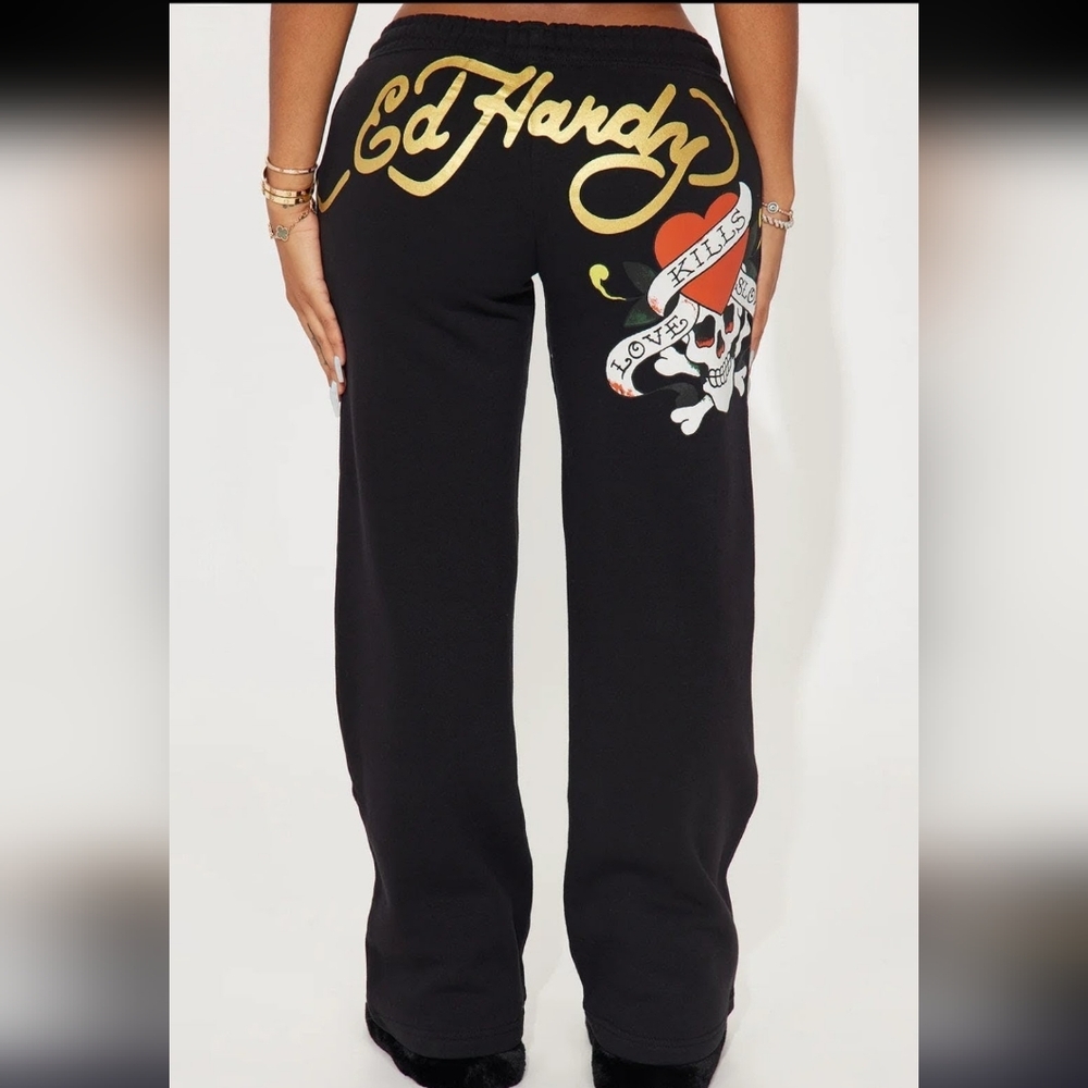 Ed Hardy Black Wide Leg Sweatpants Tattoo Skull Heart Logo Design Y2K Size XL
